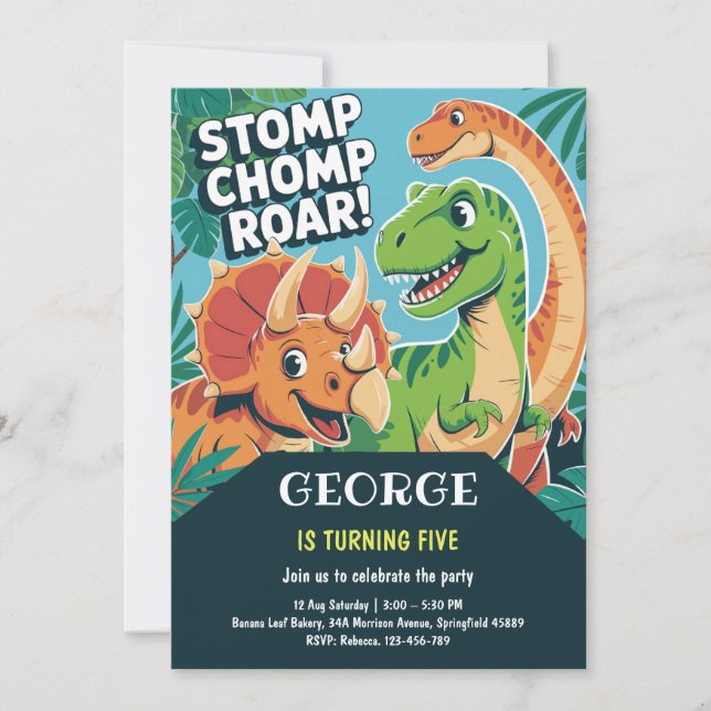 Stomp Chomp Roar Fun Dinosaur 5th Birthday Party Inbjudningar (Framsida)
