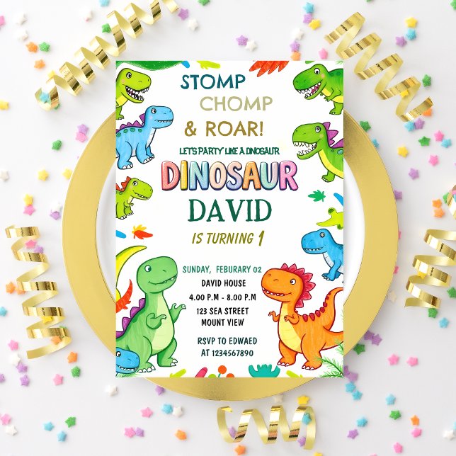 Stomp Chomp & Roar in i Roligt Dinosaur 1:a födels Inbjudningar (Skapare uppladdad)