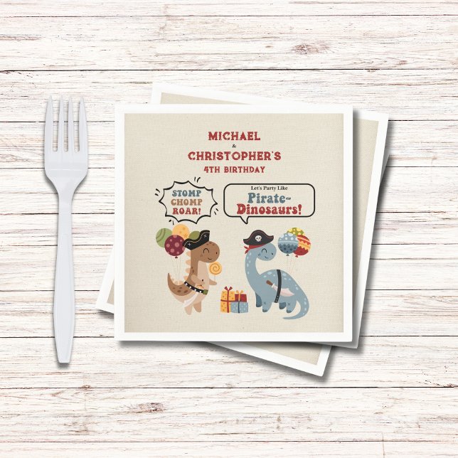 Stomp Chomp Roar Pirat Dinosaur Twin Boy Birthday Pappersservett (Your twin boys will Chomp Stomp Roar with these pirate dinosaurs as they celebrate their birrthday.)