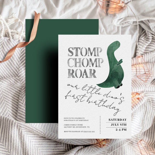Stomp Chomp Roar Pojke Dinosaur första födelsedag Inbjudningar (Skapare uppladdad)
