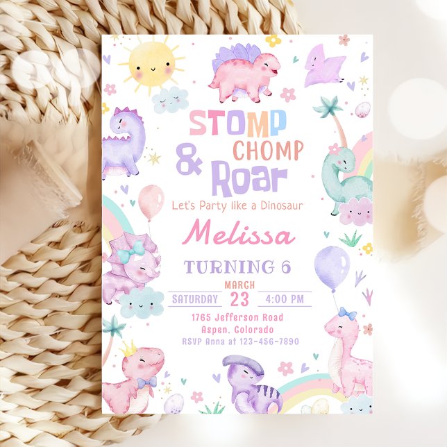 Stomp Chomp & Roar Rosa Dinosaur Girl Birthday Inbjudningar (Skapare uppladdad)