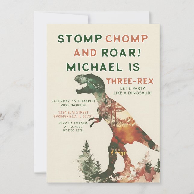 Stomp Chomp Roar T-Rex Dinosaur Boy 3:e födelsedag Inbjudningar (Framsida)