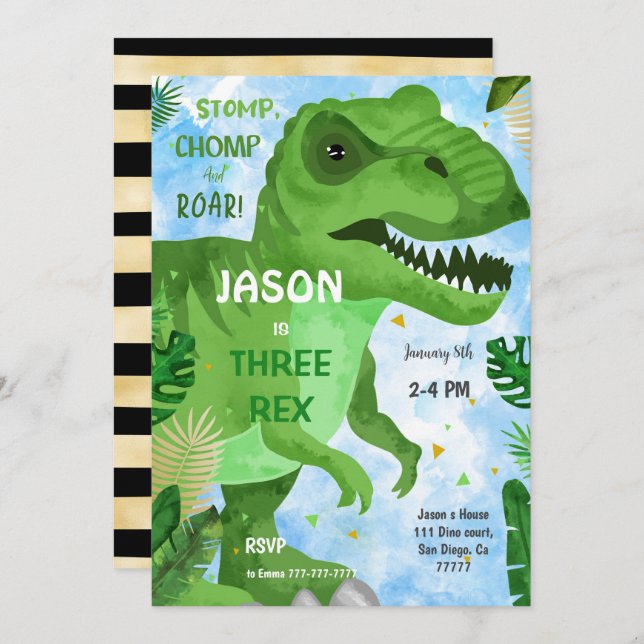 STOMP CHOMP: s Födelsedagsfest för dosinosaur Inbjudningar (Fram/baksida)