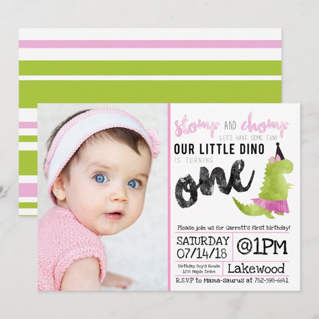 Stomp Little Girl Dino Birthday Dinosaur Inbjudningar (Fram/baksida)