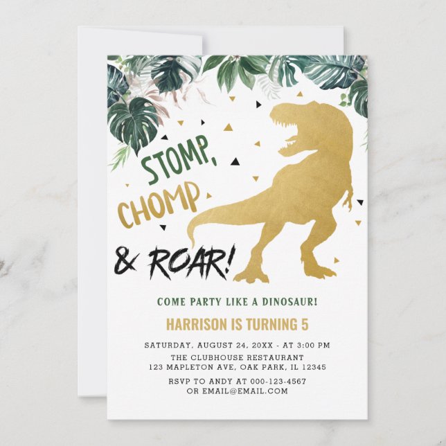 Stomp och Chomp Guld Dinosaur Birthday Inbjudningar (Framsida)