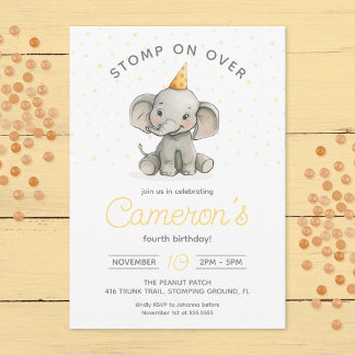 Stomp on over, Cute Elephant barns födelsedag Inbjudningar