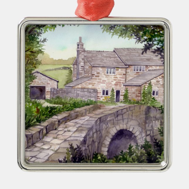 Stone Bridge Watercolor-målning Julgransprydnad Metall (Framsidan)