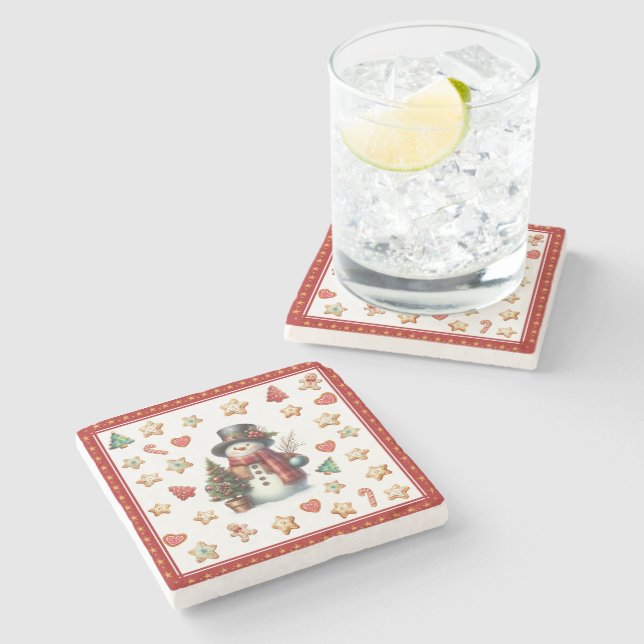 Stone Coaster Snowman and Christmas Cookies Red Stenunderlägg (Sidan)