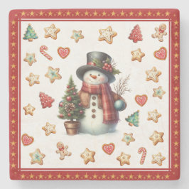 Stone Coaster Snowman and Christmas Cookies Red Stenunderlägg