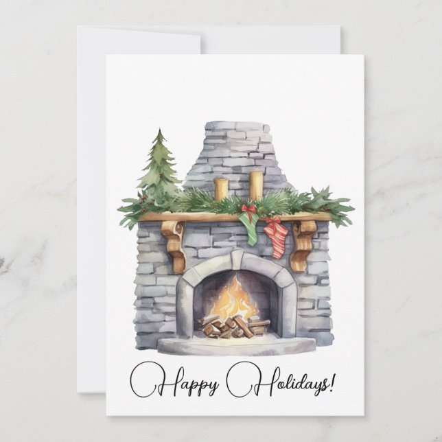Stone Fireplace & jul Stockings Watercolor Julkort (Framsida)