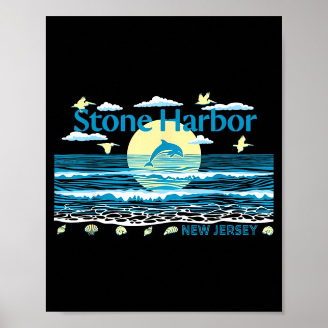 Stone Harbor NJ Delfin Pelikan Vågor Strand Poster (Framsidan)