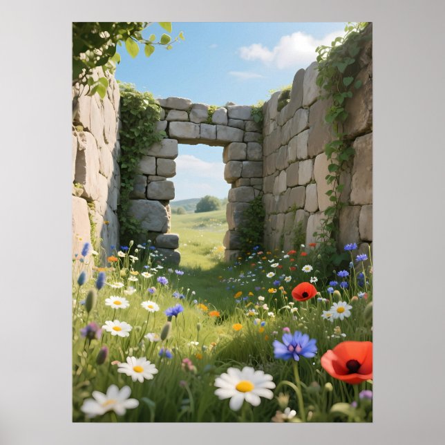 Stone Wall Ruin Meadow Flowers Art Poster (Framsidan)