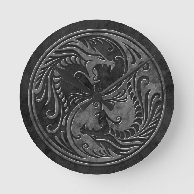 Stone Yin Yang Dragons Rund Klocka (Framsida)