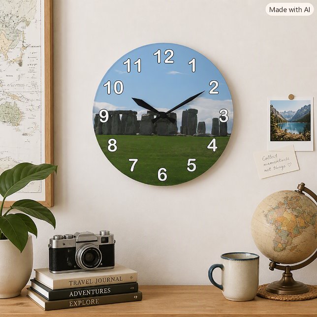 Stonehenge England Landskapsfotografi Stor Klocka (A clock with a photograph of Stonehenge and numbers.)