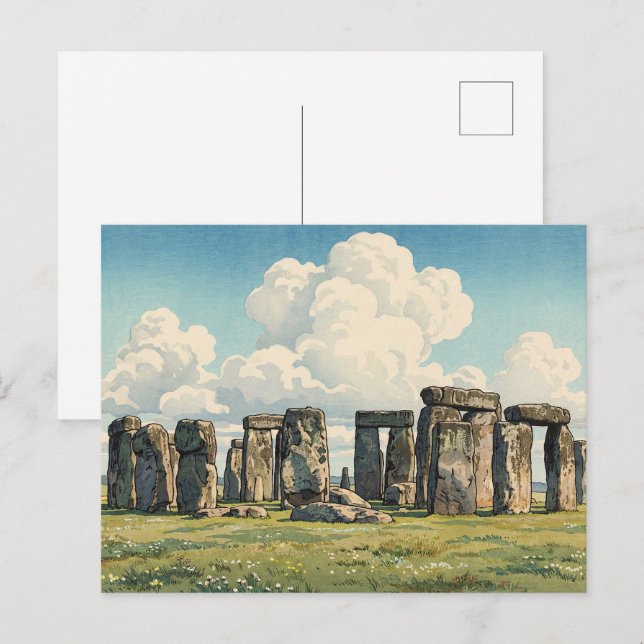 Stonehenge Japansk Träblockstryck Vykort (Fram/baksida)
