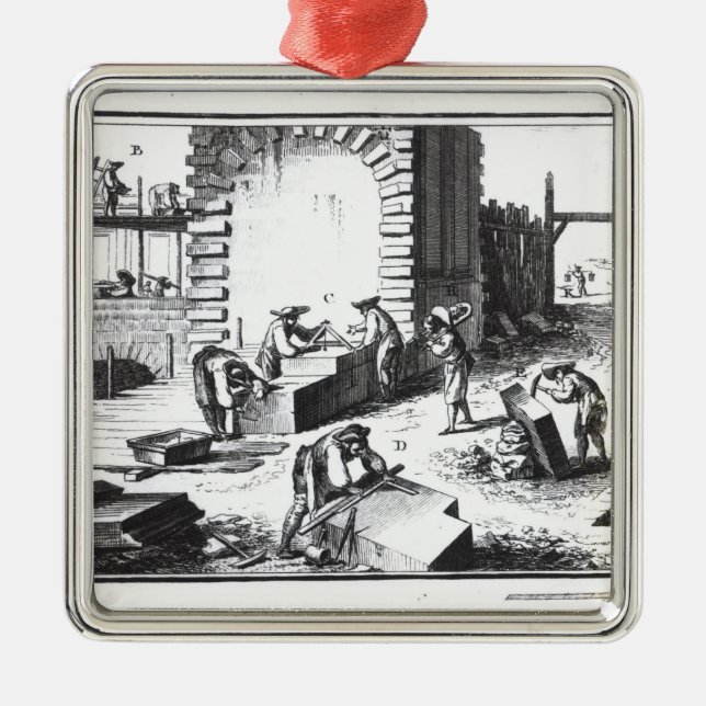 Stonemasons på arbete som inristas av Lucotte Julgransprydnad Metall (Framsidan)