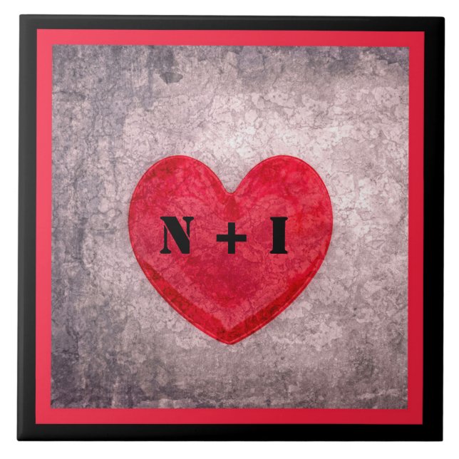 Stonewaschat Heart i svart och rött Play Monogram Kakelplatta (Framsidan)