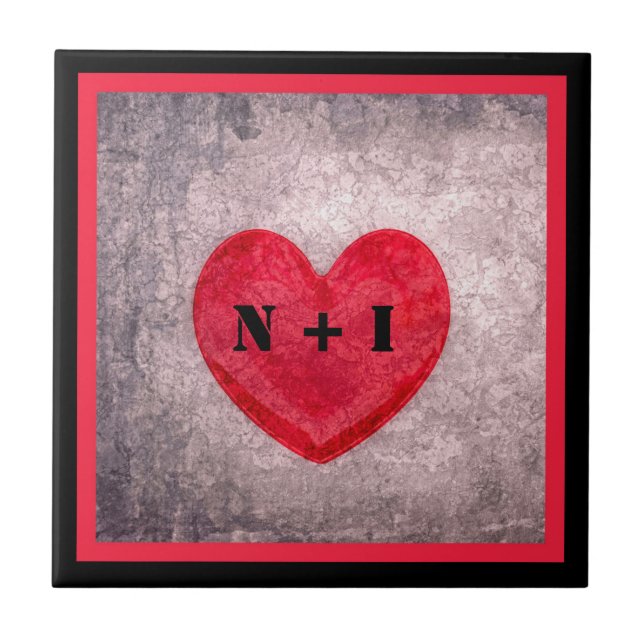 Stonewaschat Heart i svart och rött Play Monogram Kakelplatta (Framsidan)