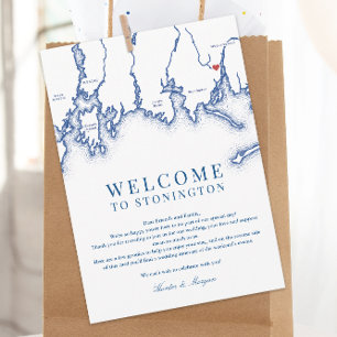 Stonington CT Karta Bröllop Välkommen Brev Navy Bl Tack Kort
