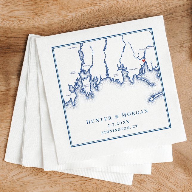 Stonington CT Karta Elegant Navy Blue Bröllop Pappersservett (Stonington CT Map Wedding cocktail napkins in elegant navy blue from Coastal Map Designs)