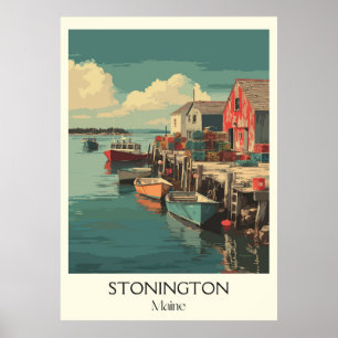 Stonington Maine Vintage Fishing Village Art Poster