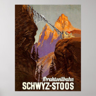 Stoos, järnväg, tåg över bro, Schweiz Poster