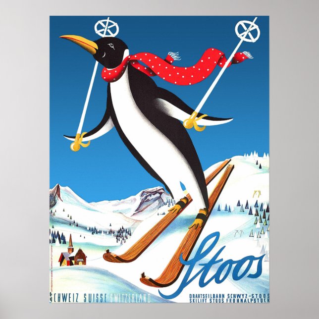 Stoos, Penguin på en skidåg, de schweiziska bergen Poster (Framsidan)