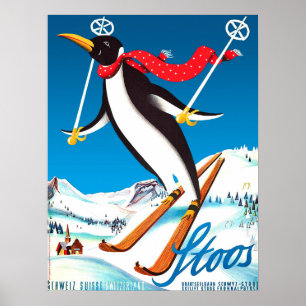 Stoos, pingvin på skidor, Schweiz berg Poster