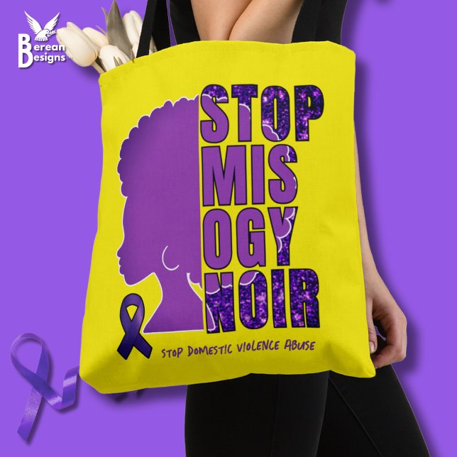 STOP MISOGYNOIR-Domesticens medvetenhet om våld Tygkasse (Yellow STOP MISOGYNOIR Tote Bag to raise awareness of  DVA and anti-Black women hatred. Custom text)