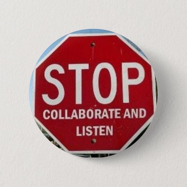 STOPP.  Samarbeta och lyssna Knapp (Framsida)