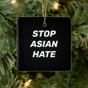 Stoppa asiatisk hate, svart, vitt tecken julgransprydnad keramik