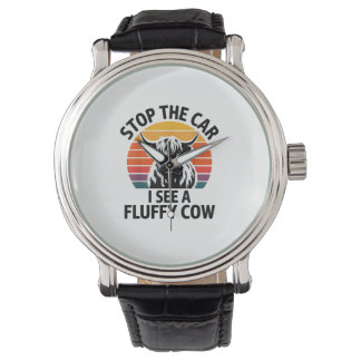 Stoppa bilen jag ser fluffy Cow Retro Highland Cow Armbandsur
