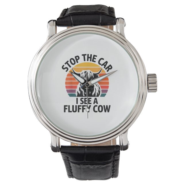 Stoppa bilen jag ser fluffy Cow Retro Highland Cow Armbandsur (Framsida)