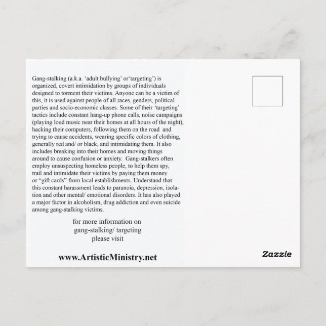 Stoppa Gang-Stalking POSTCARD Vykort (Baksida)