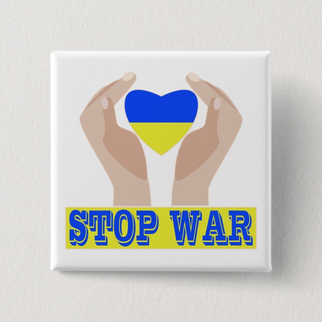 Stoppa krig ukrainska flagga hjärta i händer knapp (Framsida)