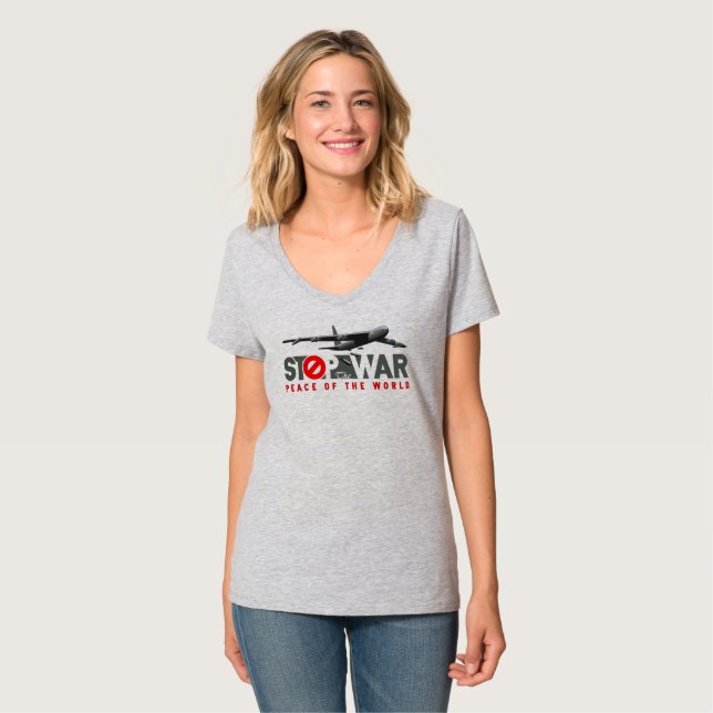 Stoppa Kriget (Ljust läge) | Damernas V-ringad trö T Shirt (Hel framsida)