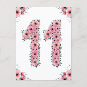 Stor 11-årsdag Rosa Blommor Flicka Grön Lövverk Vykort
