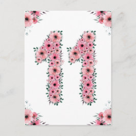 Stor 11-årsdag Rosa blommor Flicka Grön lövverk Vykort