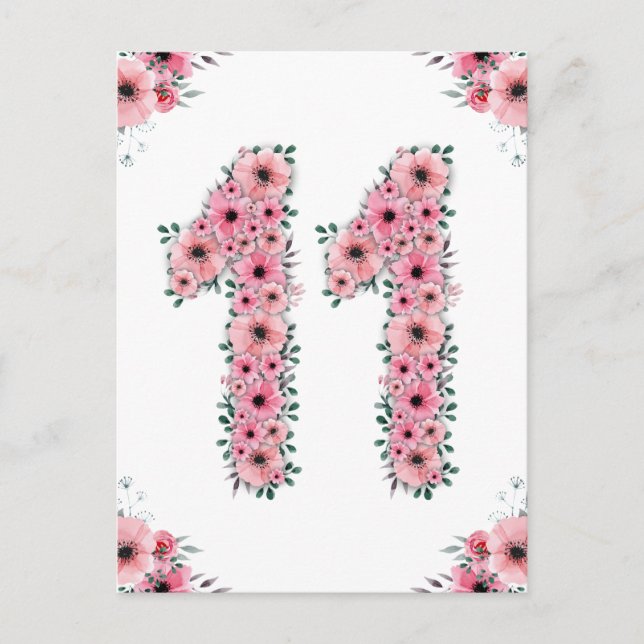 Stor 11-årsdag Rosa blommor Flicka Grön lövverk Vykort (Framsida)