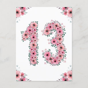 Stor 13-årsdag Rosa Blommor Flicka Grön Lövverk Vykort