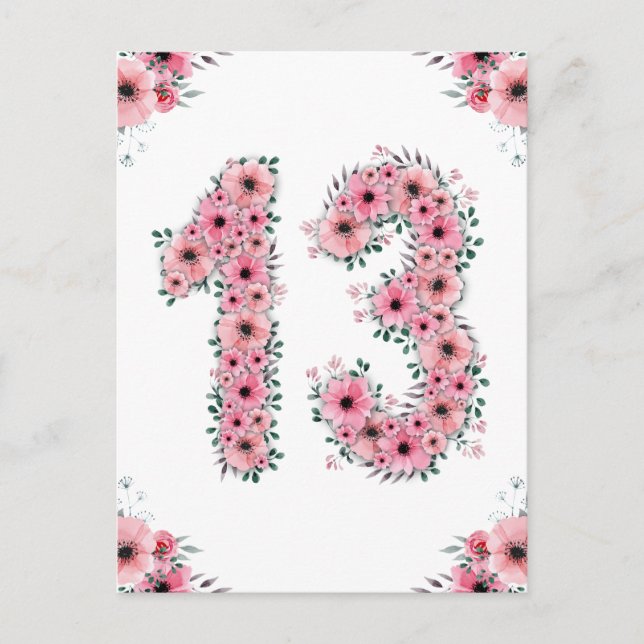 Stor 13-årsdag Rosa Blommor Flicka Grön Lövverk Vykort (Framsida)