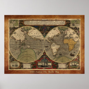 Stor "1595 World Map of Hondius" Historic Karta Poster