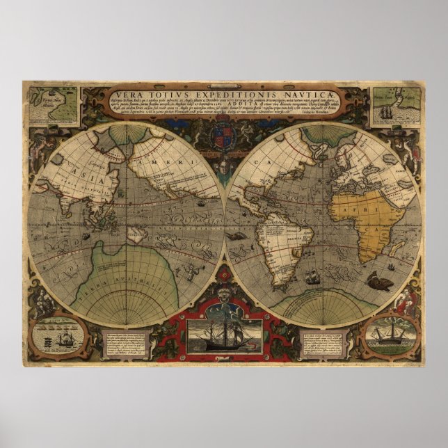 Stor "1595 World Map of Hondius" Historic Karta Poster (Framsidan)