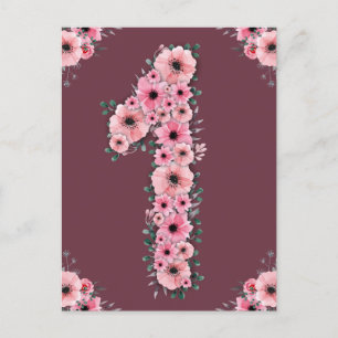 Stor 1-års födelsedag Rosa blommor Flicka Grön löv Vykort