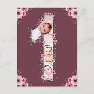 Stor 1-års födelsedags fotokollage Rosa blommig fl Vykort