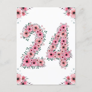 Stor 24-årsdag Rosa Blommor Flicka Grön Lövverk Vykort