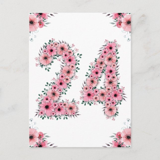 Stor 24-årsdag Rosa Blommor Flicka Grön Lövverk Vykort (Framsida)