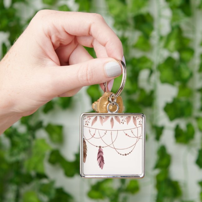 Stor (2 tum) Boho Patterned Premium Square Fyrkantig Silverfärgad Nyckelring (Hand)