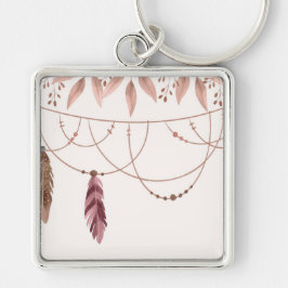 Stor (2 tum) Boho Patterned Premium Square Fyrkantig Silverfärgad Nyckelring