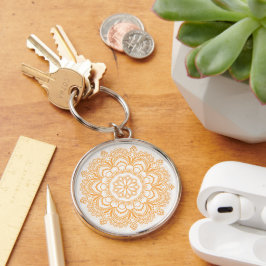 Stor (2 tum) Mandala Patterned Premium Round Rund Silverfärgad Nyckelring